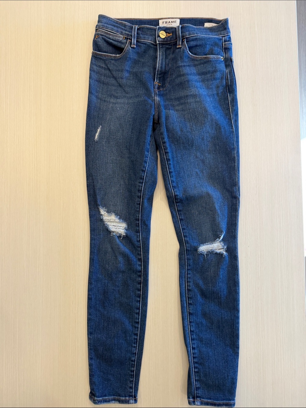 Frame Denim Le High Skinny Jeans in Blue with Distressed Knees